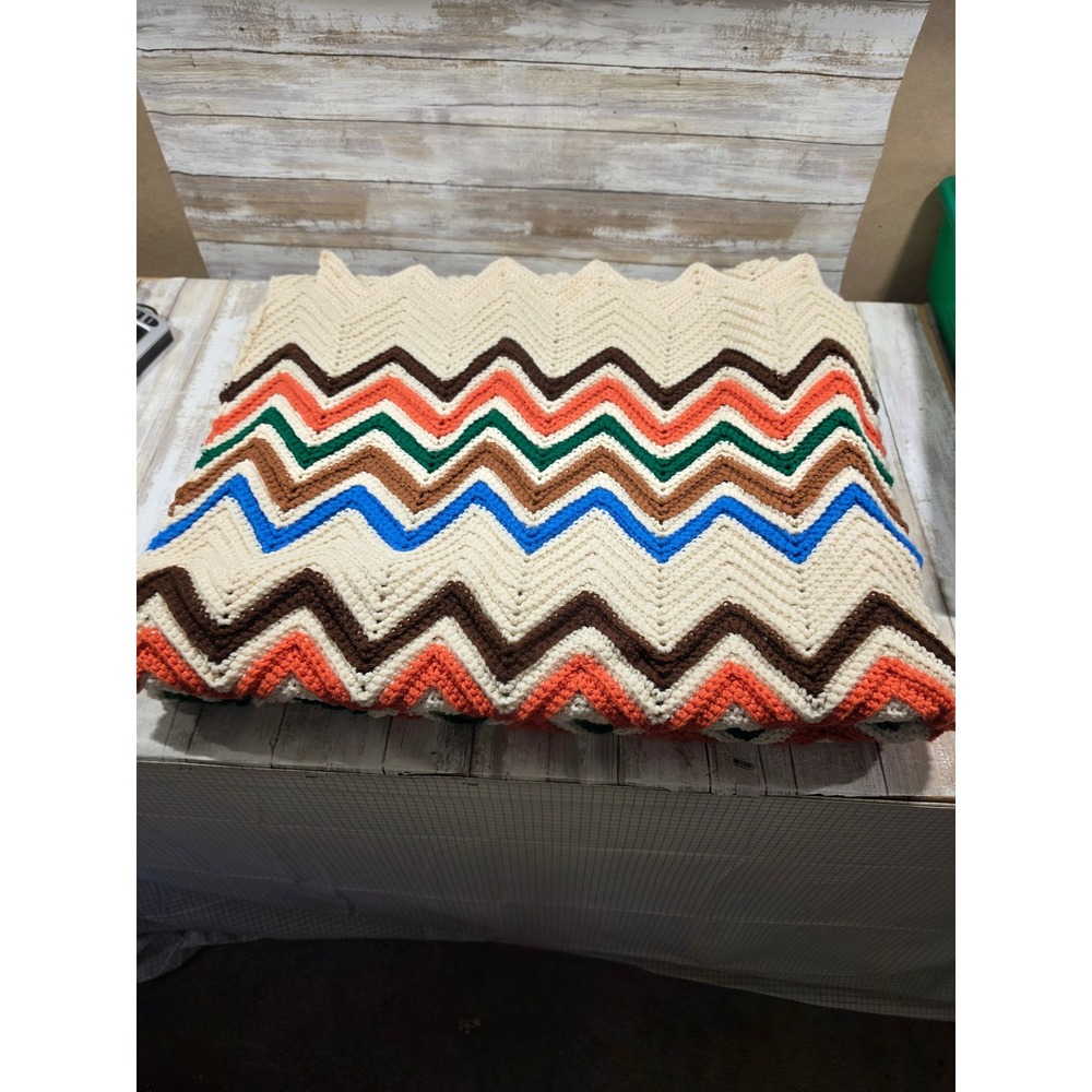 Vintage Handmade Crochet Afghan Blanket Chevron Ripple Multi Color 49x88 Throw